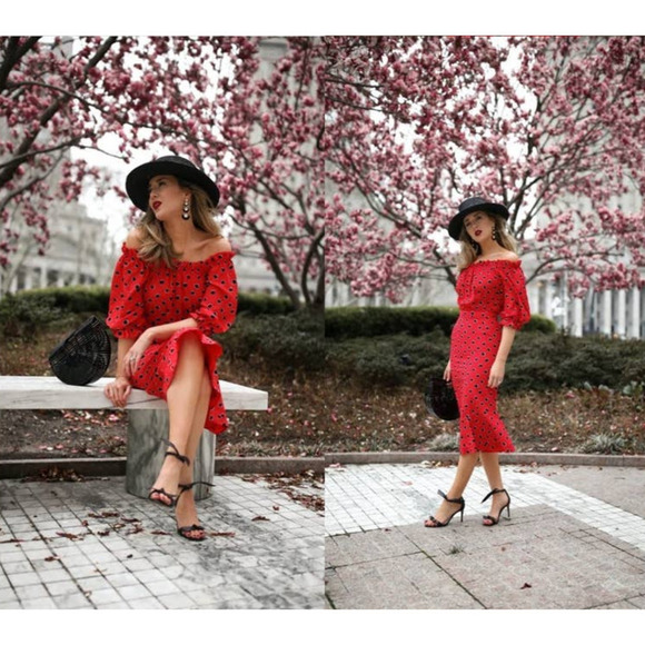 Saloni Midi Dress SILK Red White Black Polka Dot Grace Off Shoulder Ruffle XS 0 - Picture 2 of 12